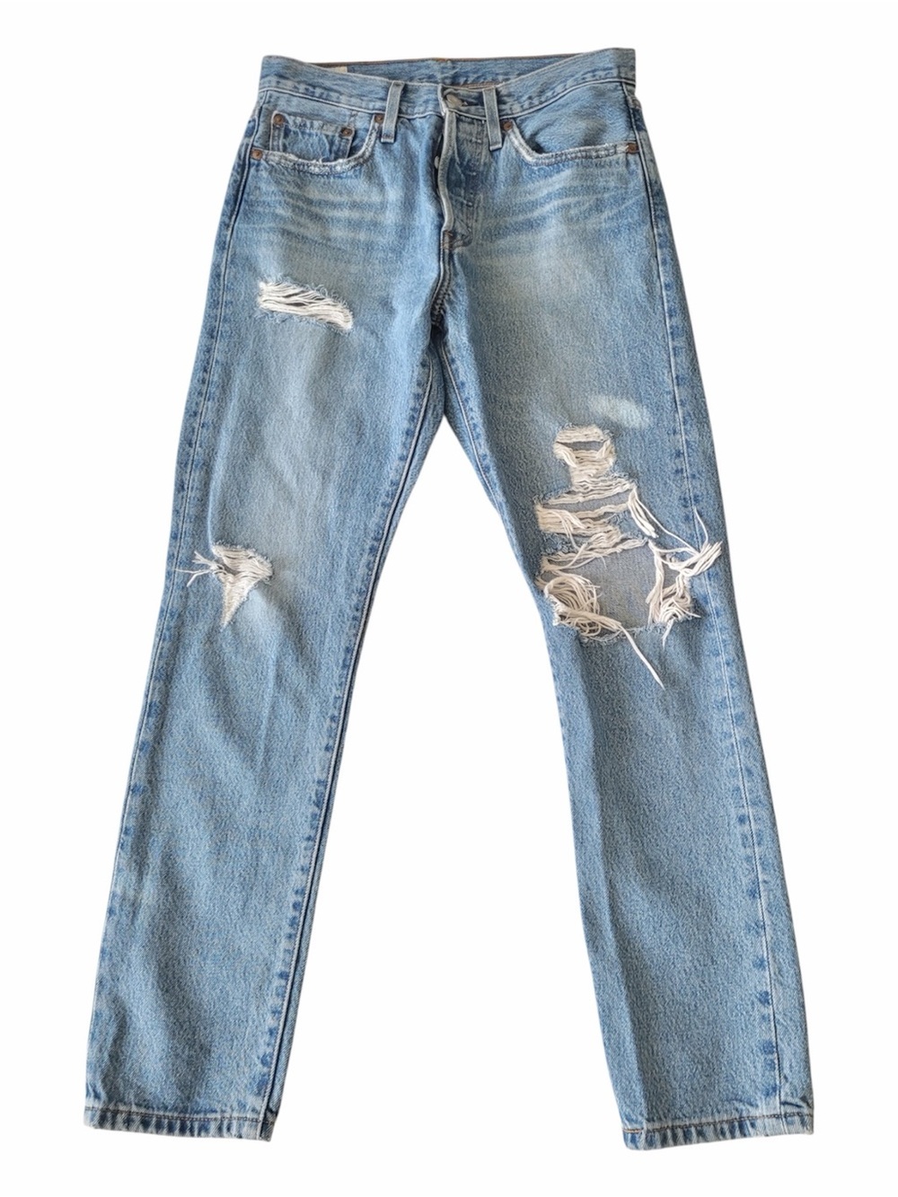 ✅ Levi's Premium denim classic 501 style Light Blue High-Rise Distressed Jean 27